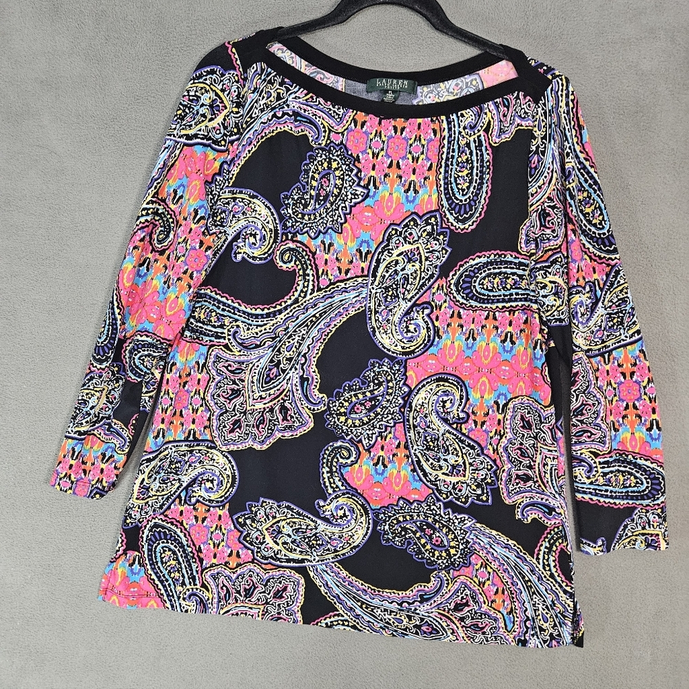 Lauren Ralph Lauren Petite PL Boatneck Shirt Rainbow Paisley Stretch Long Sleeve